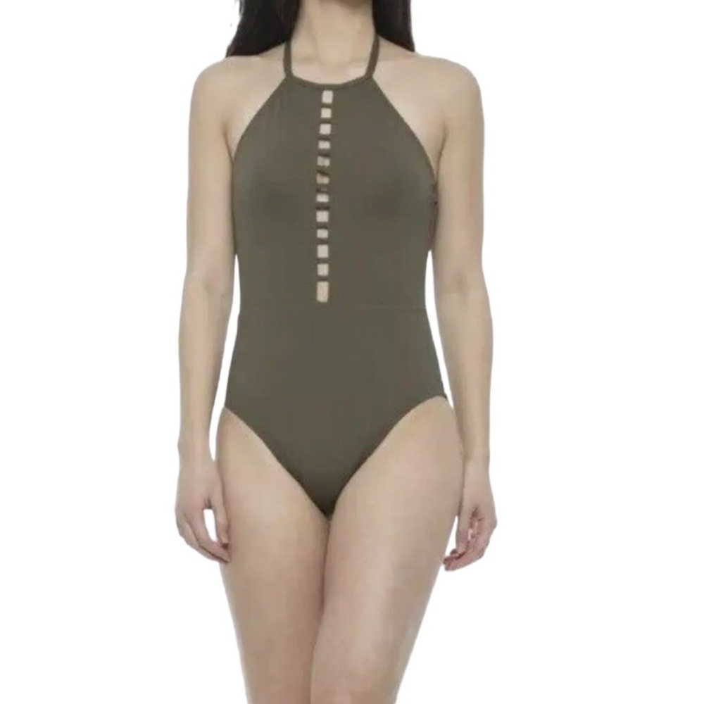 La Blanca Moss Olive Green One Piece Strappy High Neck Swimsuit EUC Size 14